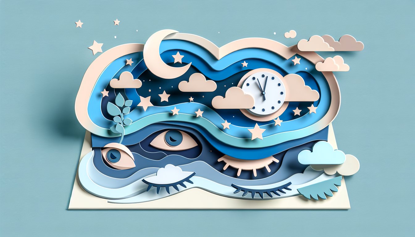 Paper art illustration of insomnia quiz prompt about common symptoms and signs on a sky blue background