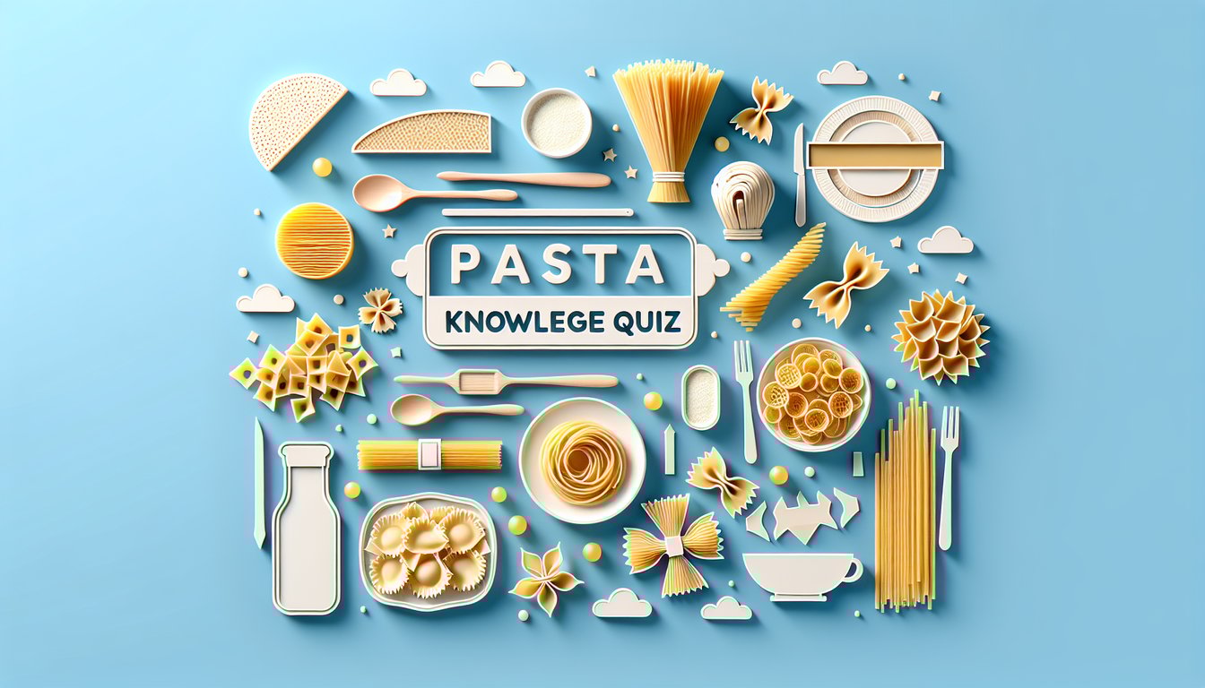 Paper art illustration for pasta knowledge quiz featuring spaghetti and ravioli on sky blue background