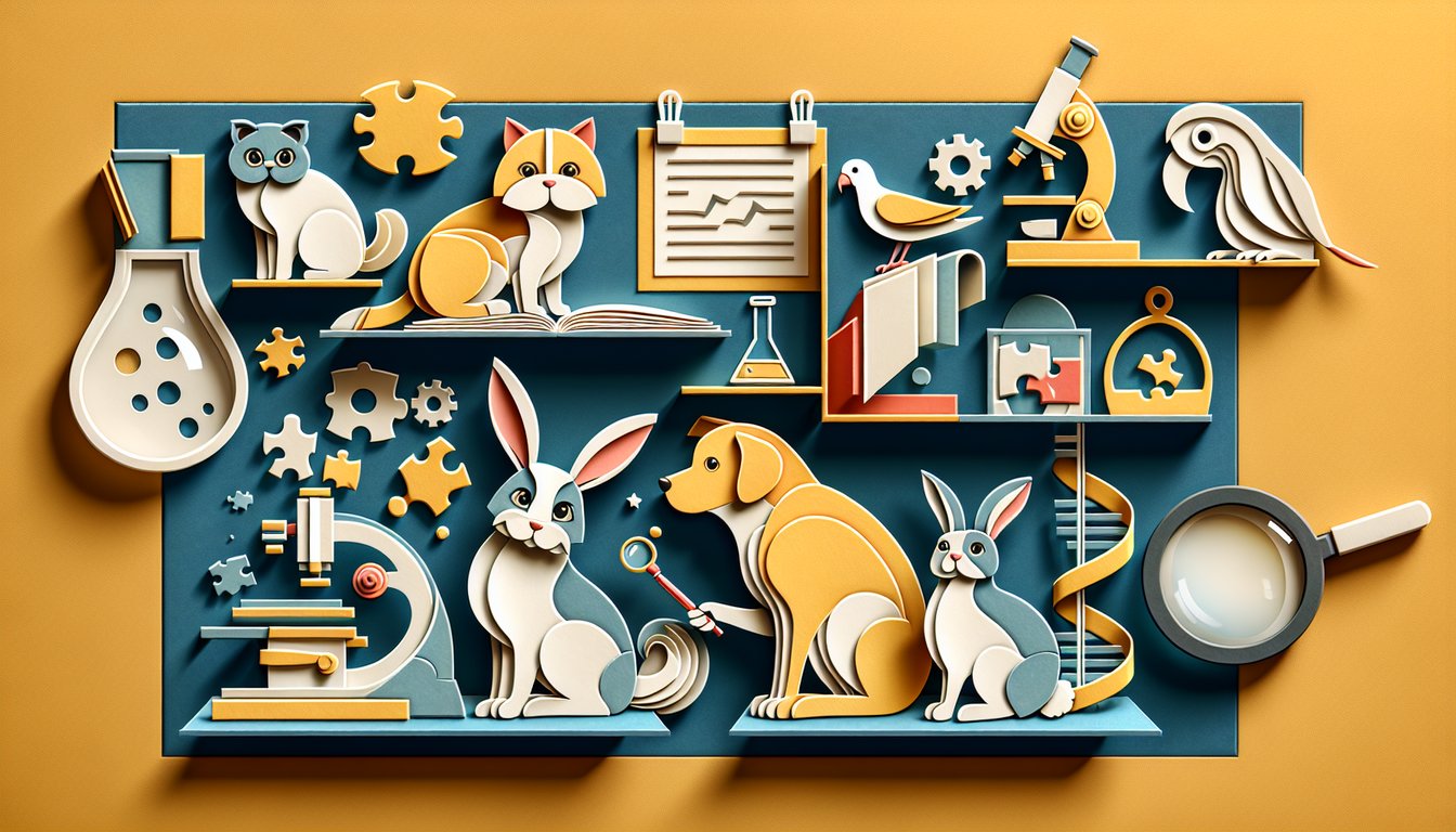 Paper art illustration for pet intelligence quiz on a golden yellow background