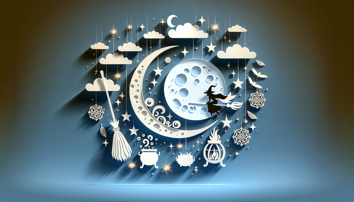Paper art witch cauldron moon stars tarot cards on sky blue background for free mystical powers quiz