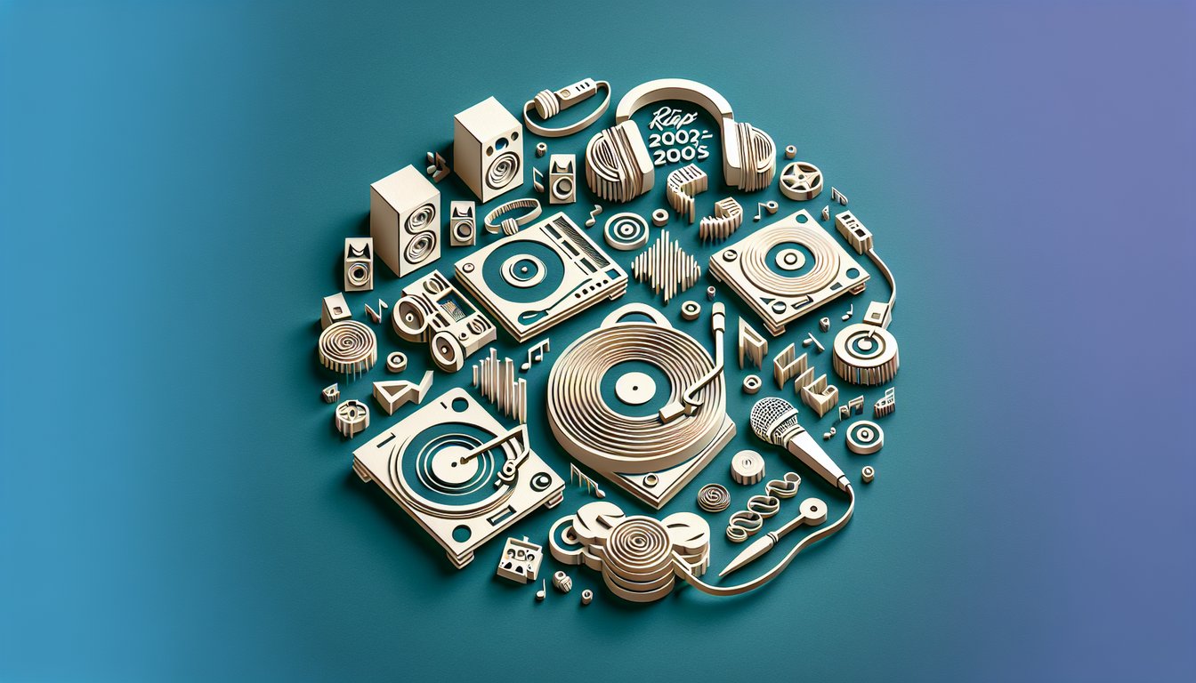 Paper art illustration for 00s hip hop trivia quiz on teal background