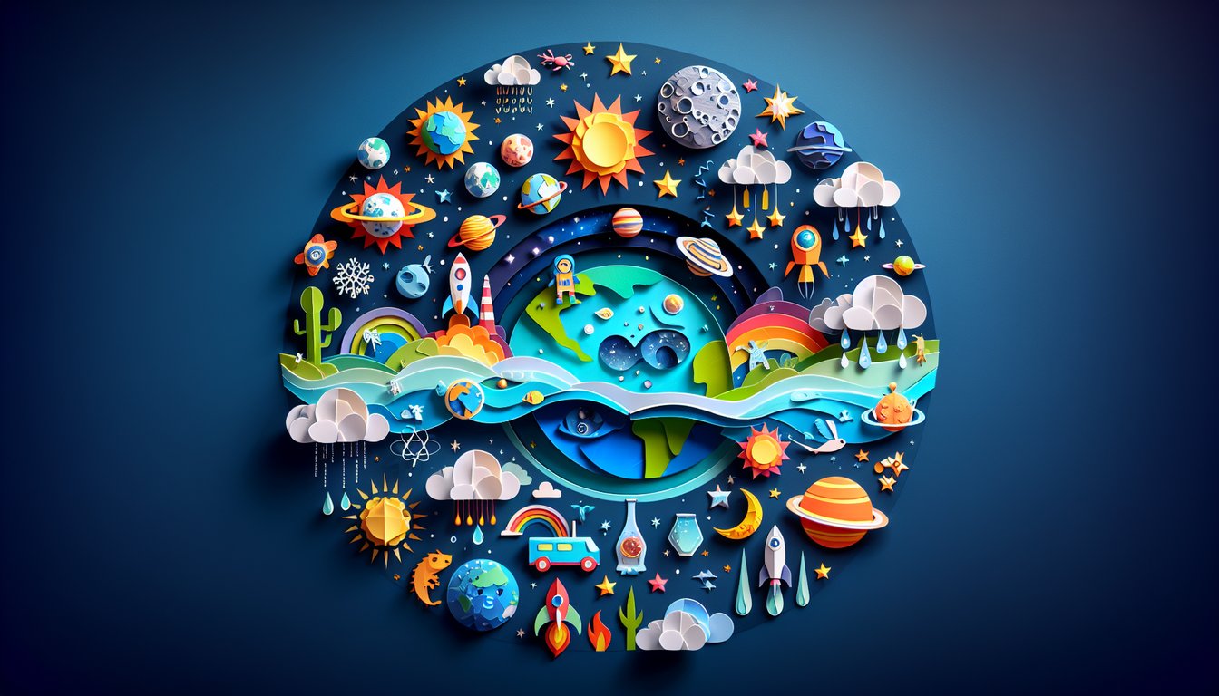 Colorful paper art promoting Explorando la Naturaleza trivia quiz for middle school students.