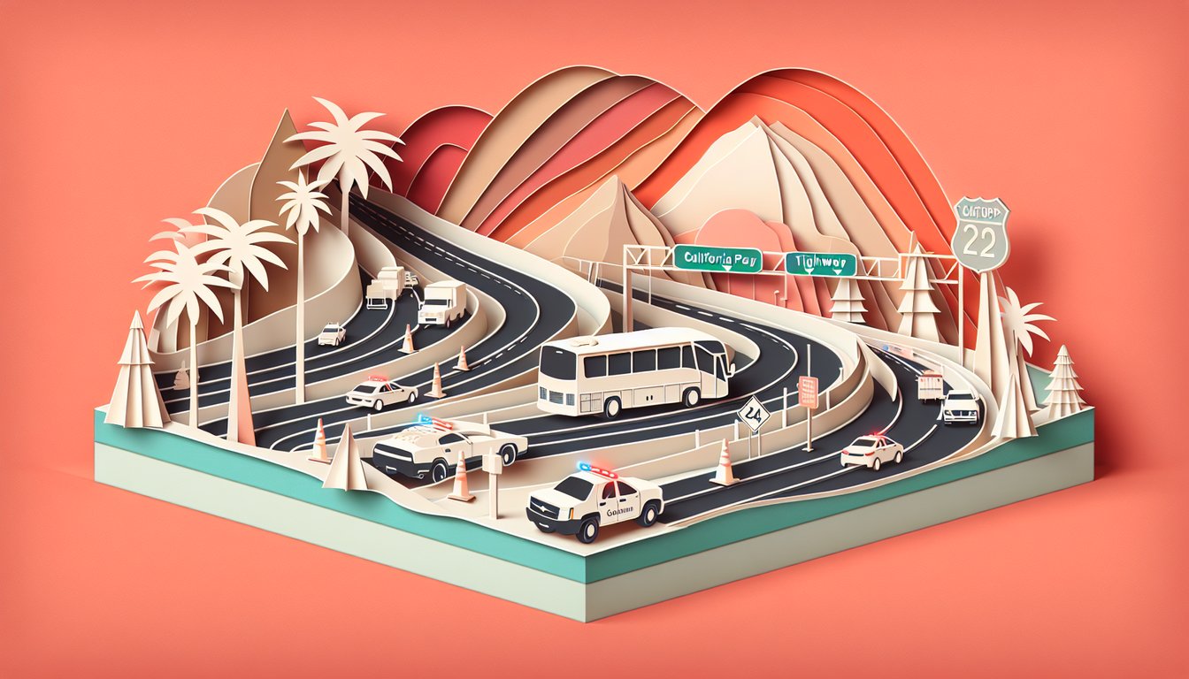 Paper art illustration for bus driver quiz testing California Highway Patrol knowledge on coral background