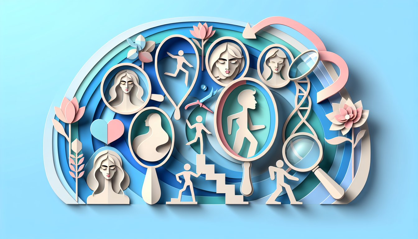 Paper art illustration for Am I Pretty Ugly quiz on a sky blue background