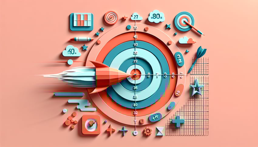 Paper art style numbers and math symbols on coral background for a 5th grade mental math quiz challenge