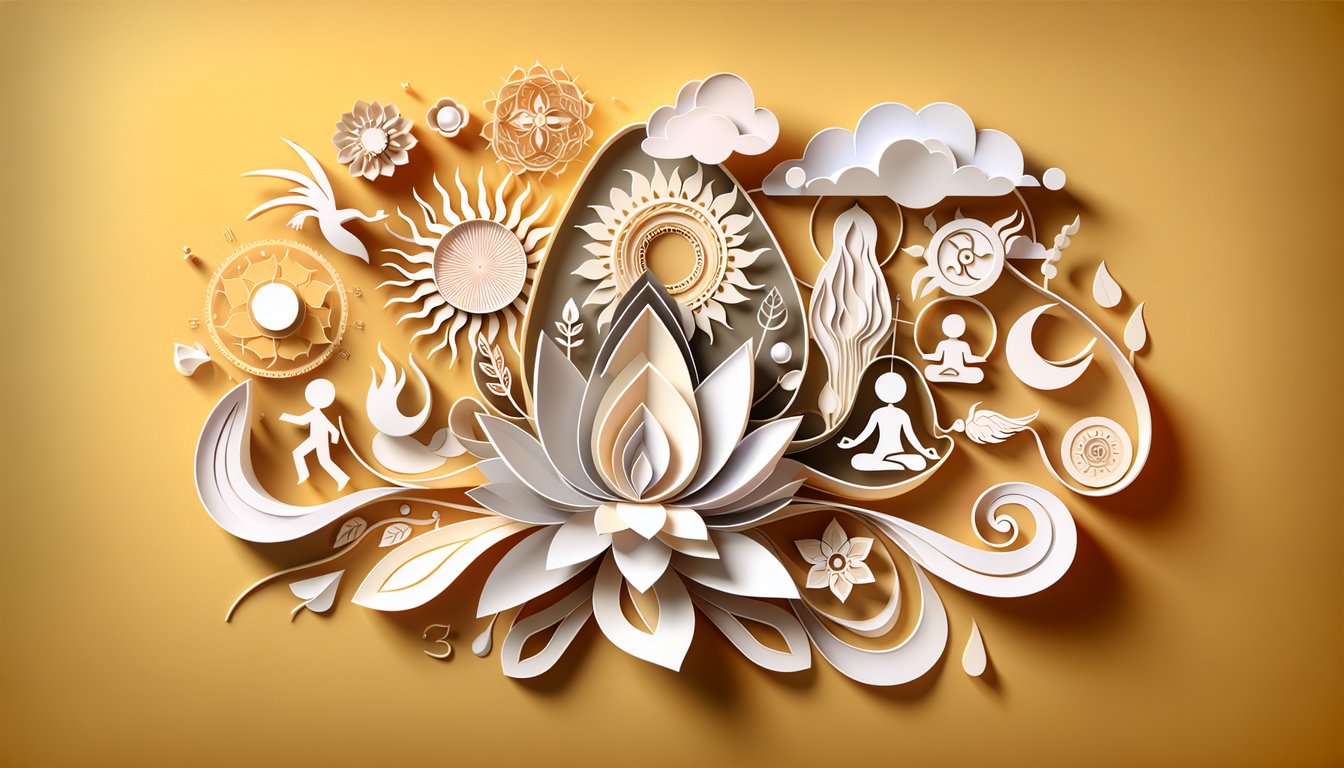 Paper art illustration for reincarnation quiz on golden yellow background