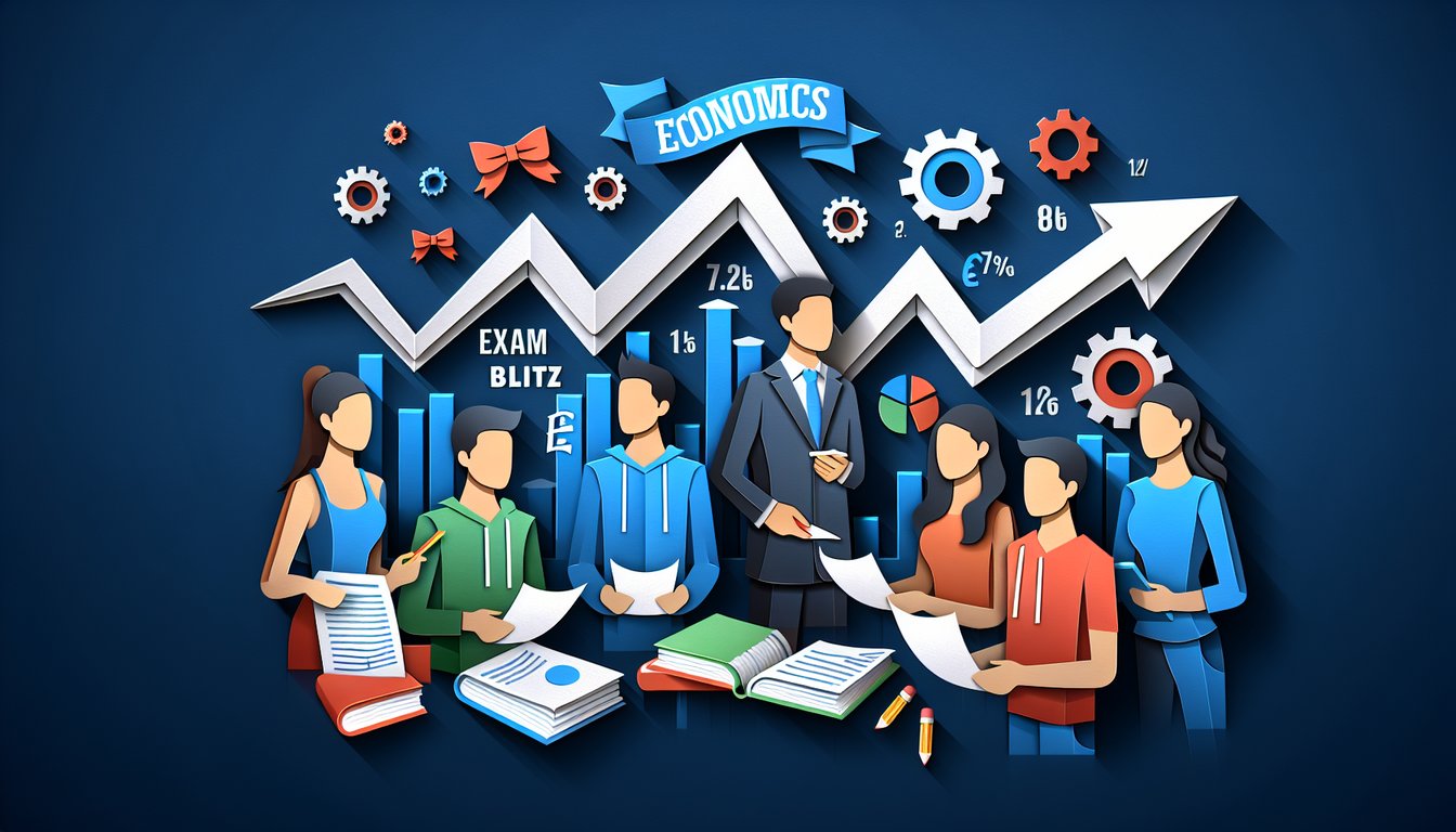 Colorful paper art promoting Economics Exam Blitz, a dynamic trivia quiz for high school students.