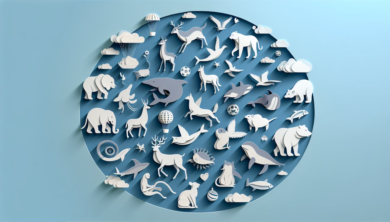 Paper art illustration for Animology quiz on sky blue background