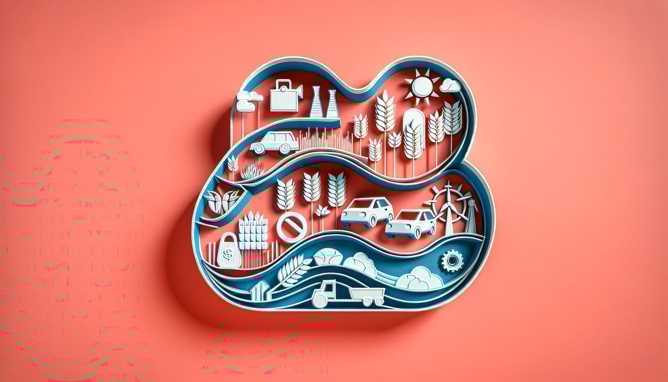 Paper art on coral background showing a curved production possibilities graph, icons and arrows for a quiz