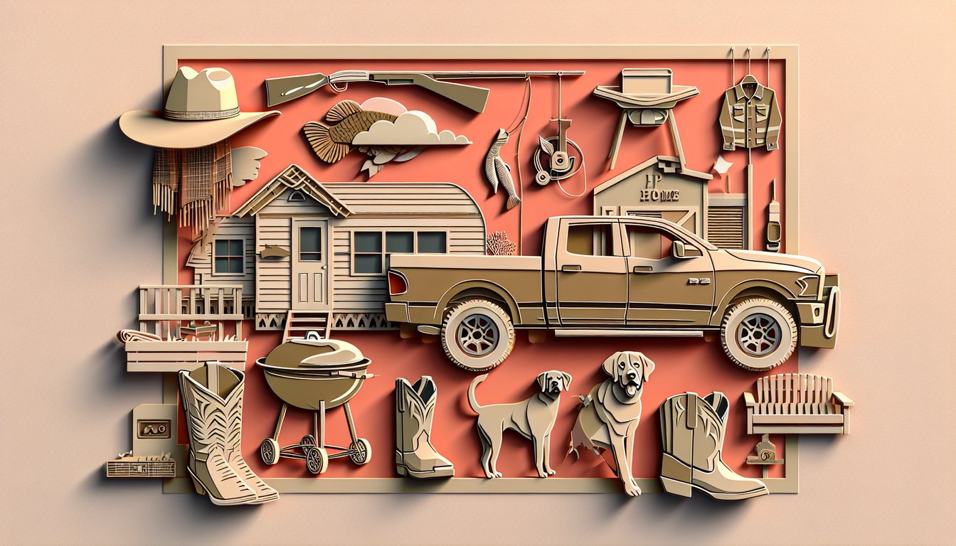 Paper art illustration for a redneck personality test on a coral background.