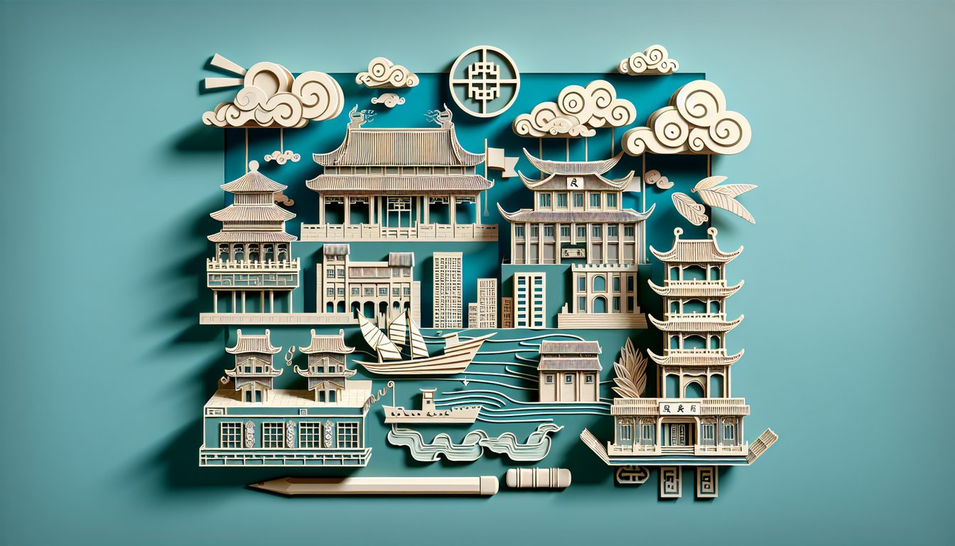 Paper cut art of Canton System trade and Qing Dynasty motifs with AP World History quiz prompt on teal background