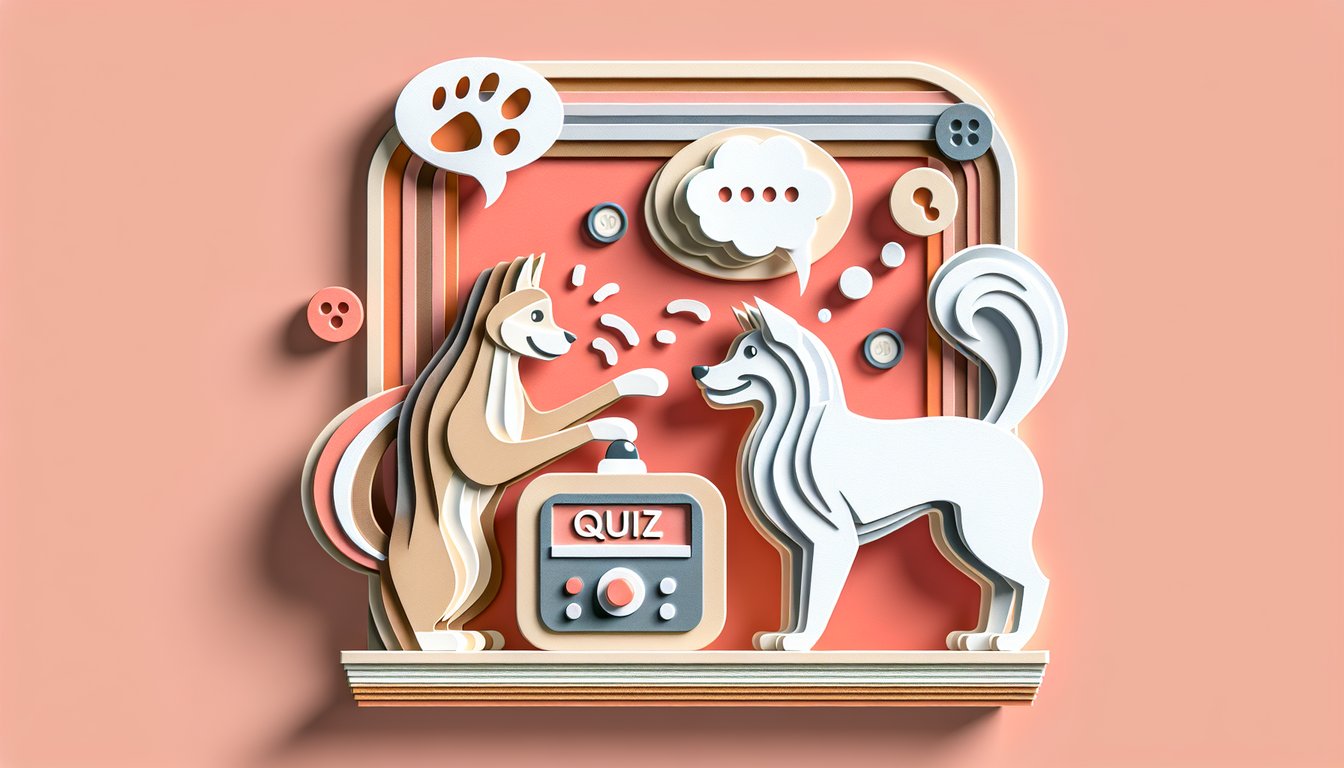 Paper cut style dog and cat next to trivia quiz text on coral background