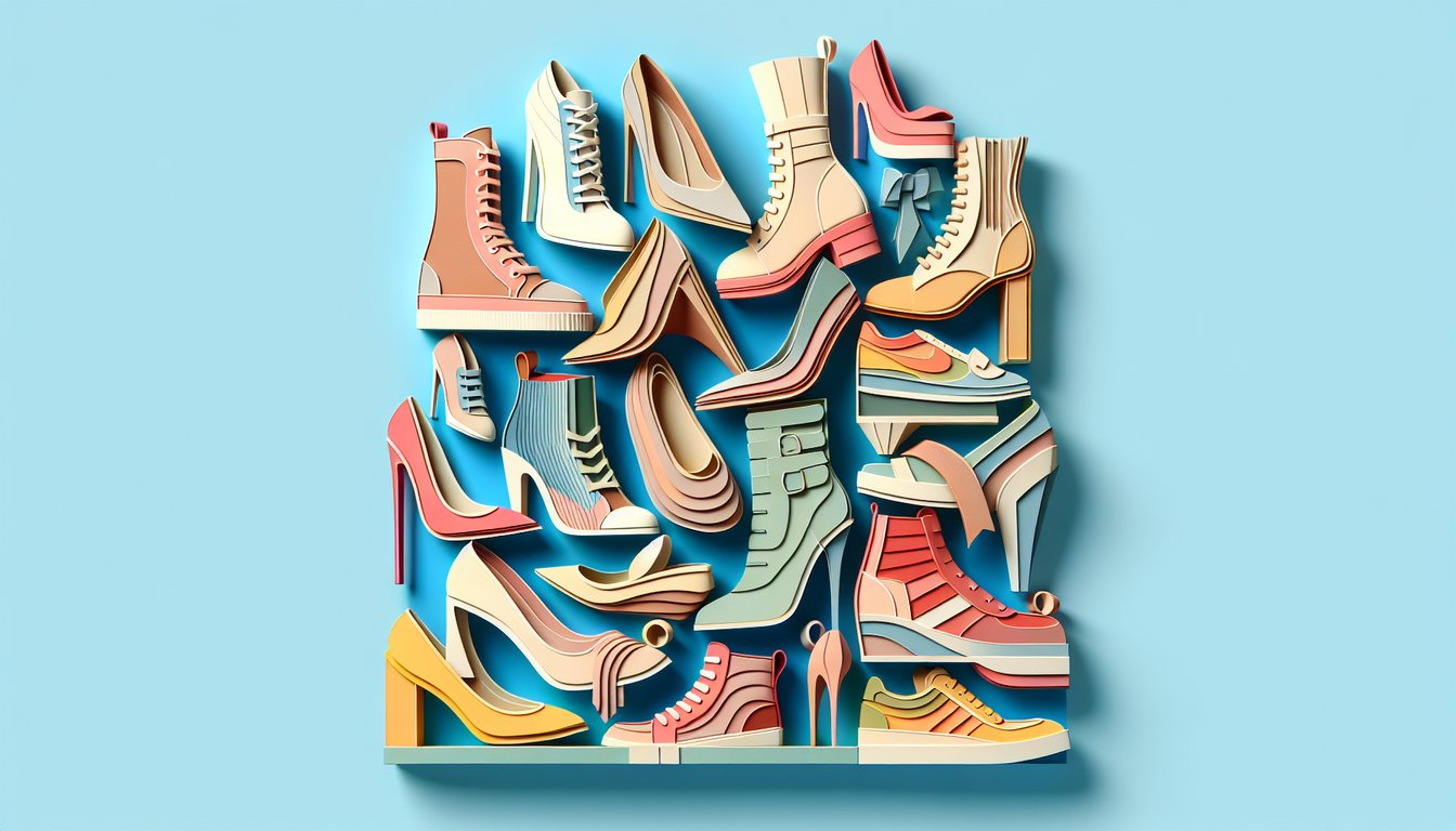 paper art collage of different shoes on sky blue background with quiz prompt to discover your shoe personality