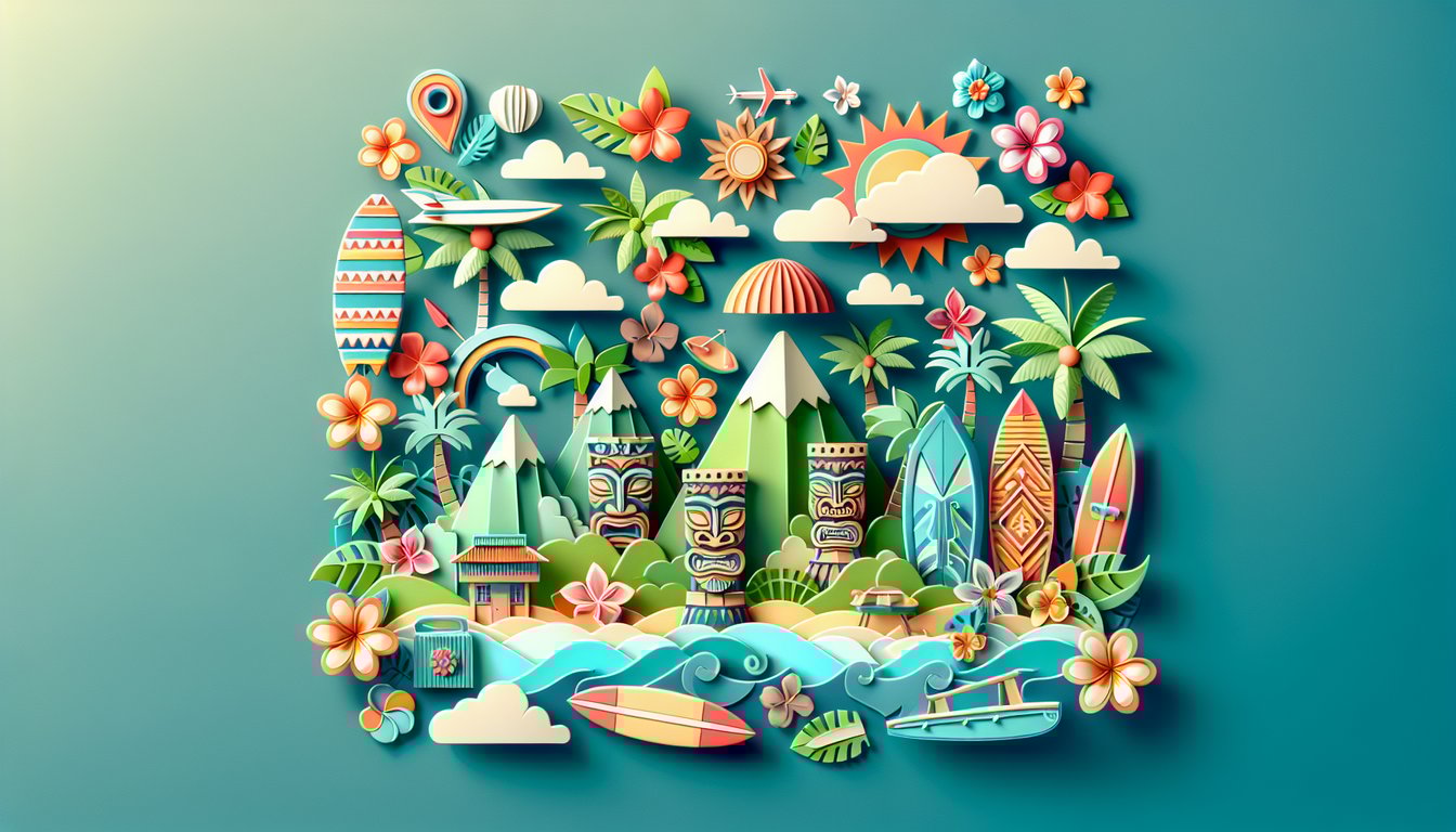 Paper art illustration for Hawaii trivia quiz on a teal background