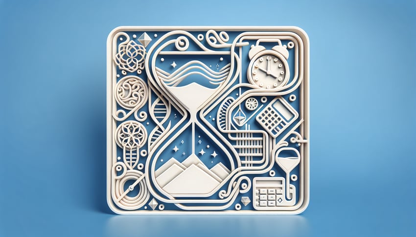 Paper art illustration promoting a Time Calculator Quiz on a sky blue background