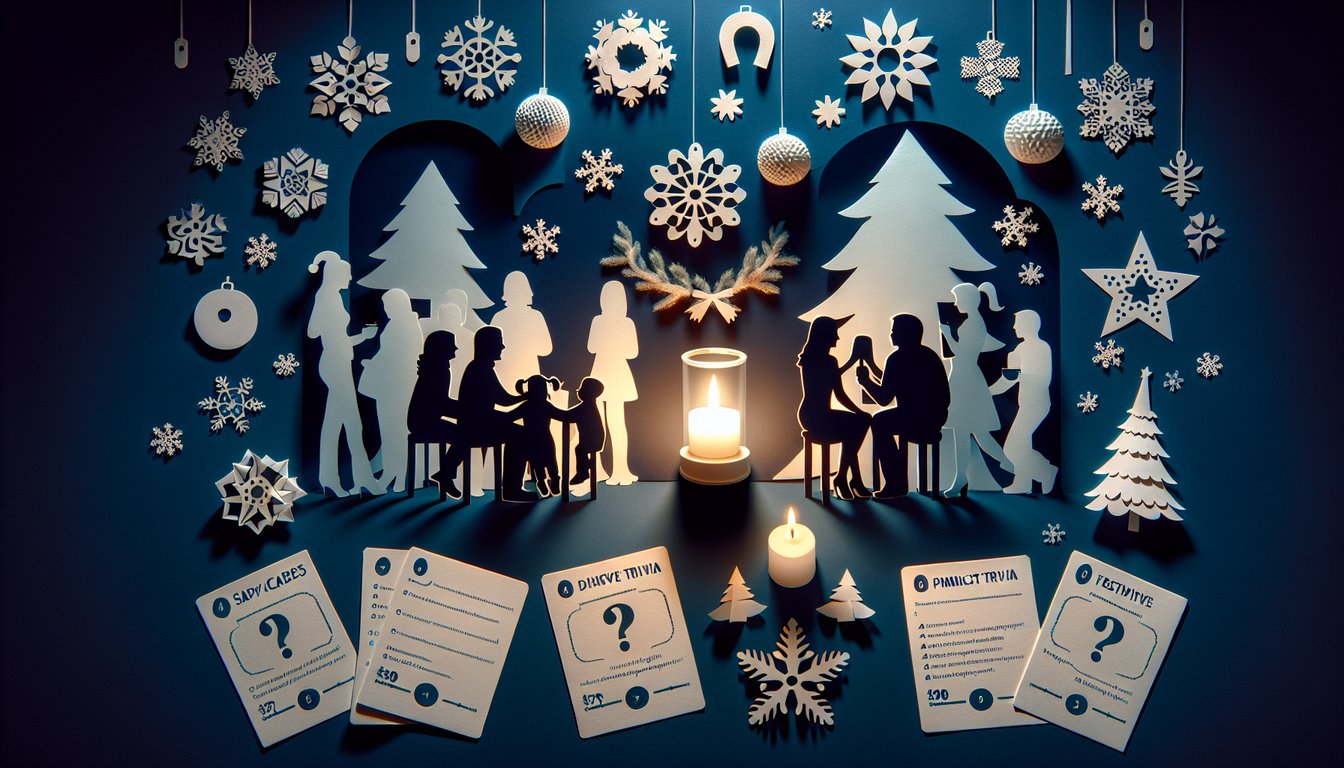 Colorful paper art promoting a Holiday Family Trivia Quiz.