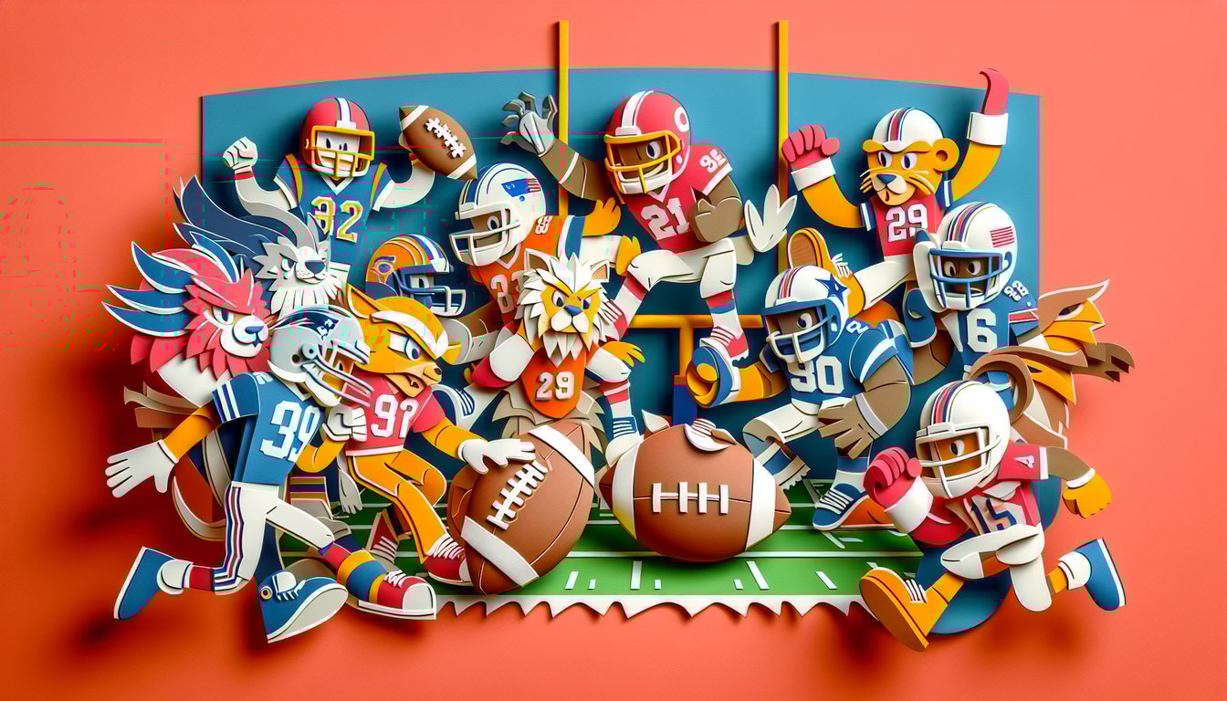 paper art illustration of NFL mascots on coral background inviting fans to test team spirit in a free mascot quiz
