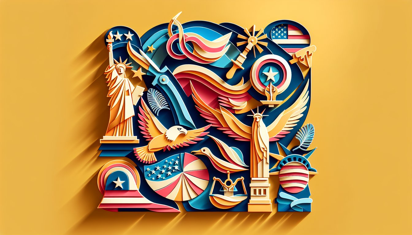 Paper art illustration of a US trivia quiz layout featuring map star icons text blocks on golden yellow background