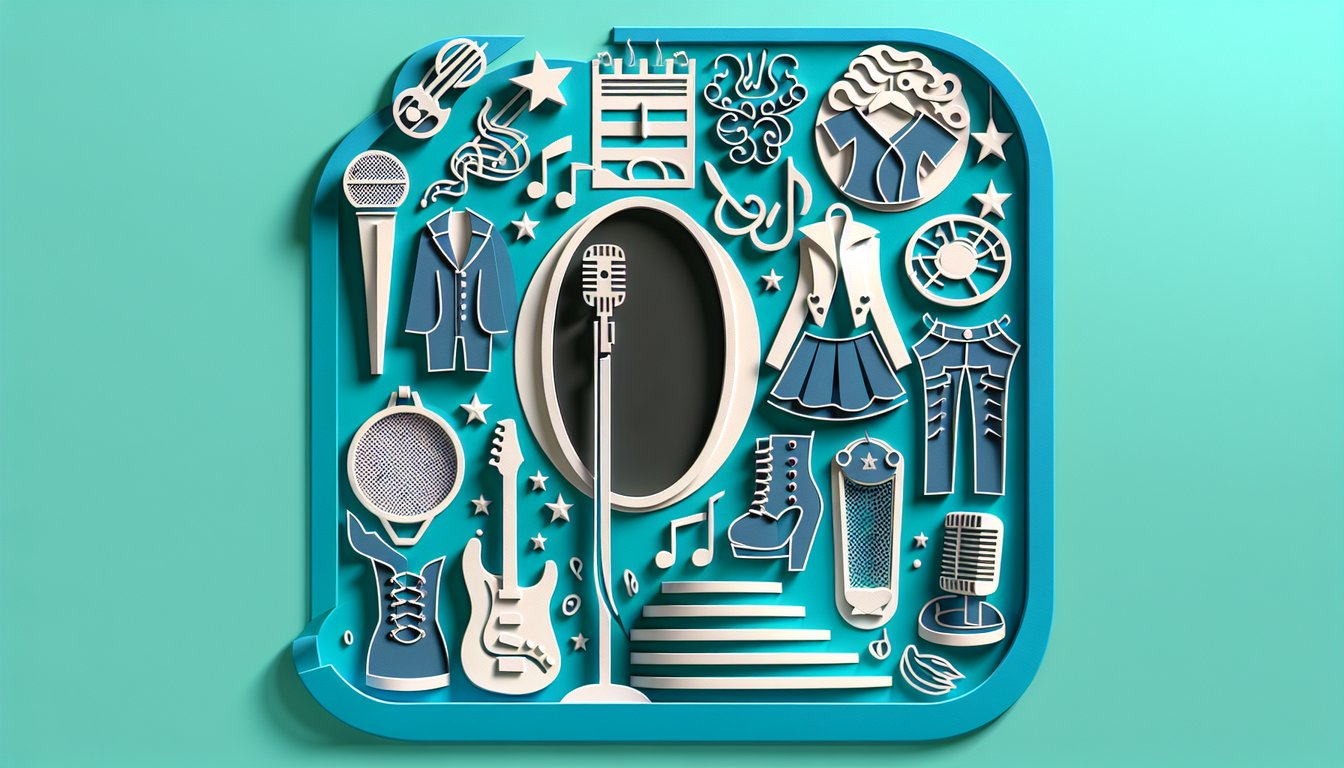 Paper art shows feminine figure with ponytail wearing stylish outfit surrounded by music notes on teal backdrop
