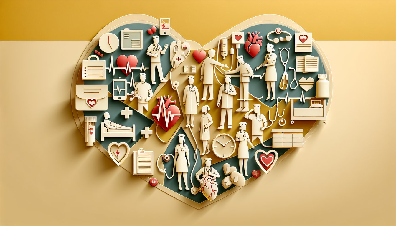 Paper art illustration of heart stethoscope syringe ECG DKA MI icons on golden yellow background