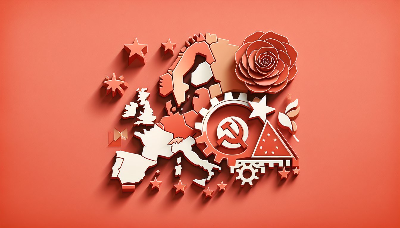 Paper cut art showing Europe map marked with socialist icons and quiz title on a coral background.