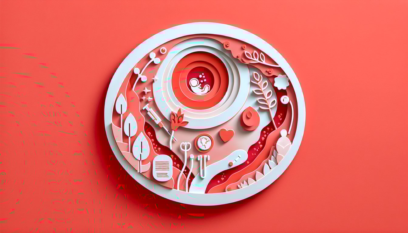 Paper art illustration of uterus medical icons and question mark on coral background for postpartum hemorrhage quiz
