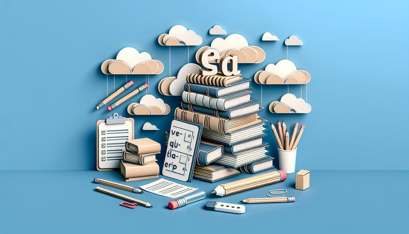 Colorful paper cut letters QUIZ floating above an open notebook with plural noun examples on a sky blue background
