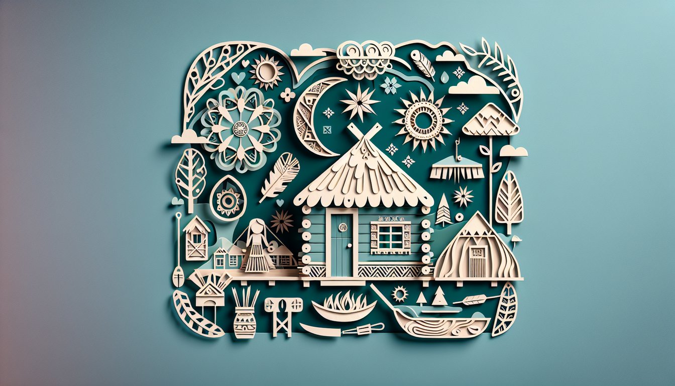 Paper art quiz banner with birchbark house chimookoman elements omakayas story ojibwe culture on teal background