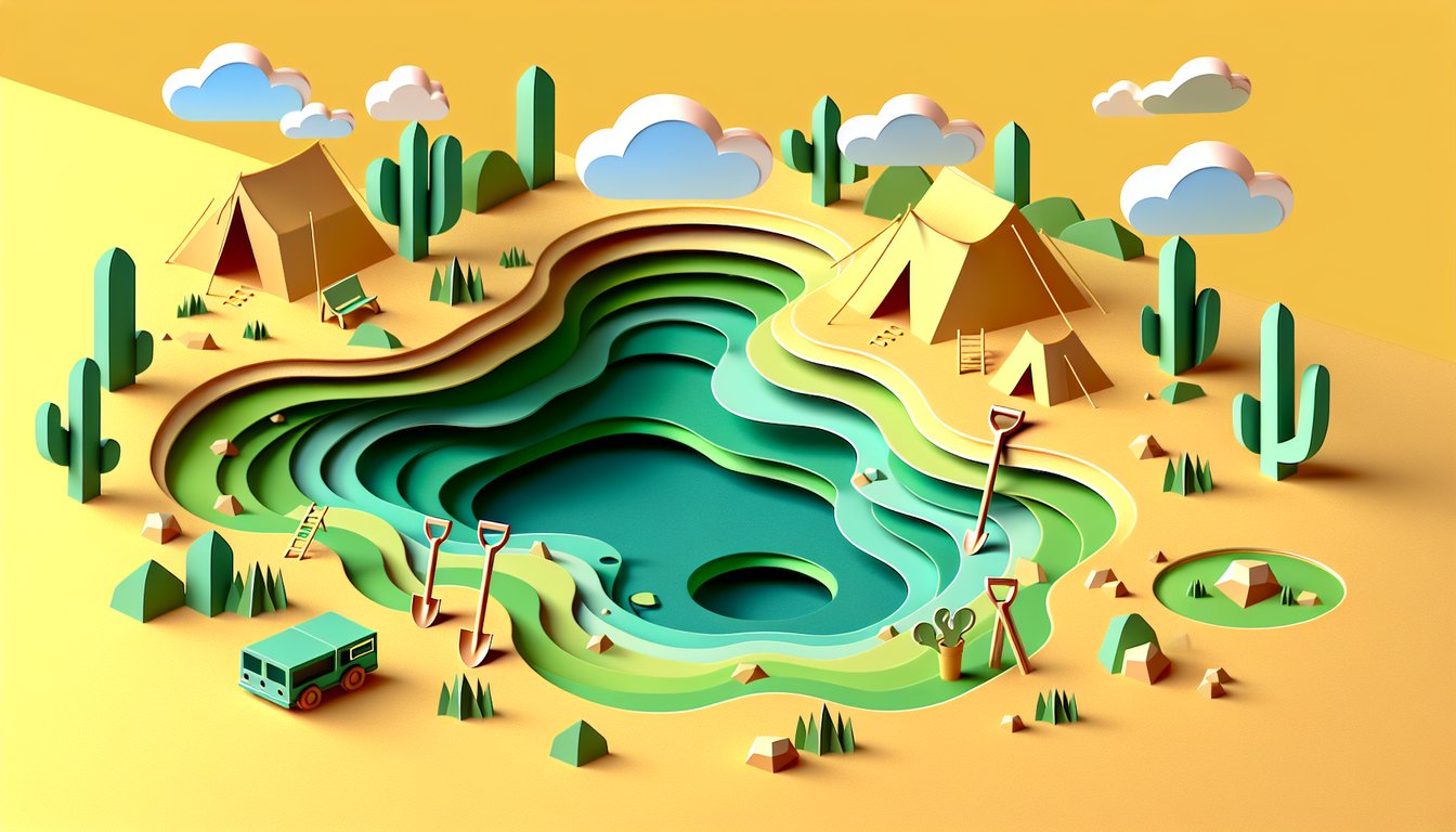Paper art illustration of Holes trivia quiz theme with novel book Stanley Camp Green Lake icons on golden yellow background