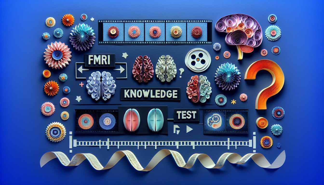 Colorful paper art depicting a brain and fMRI machine, symbolizing a quiz on fMRI video knowledge.