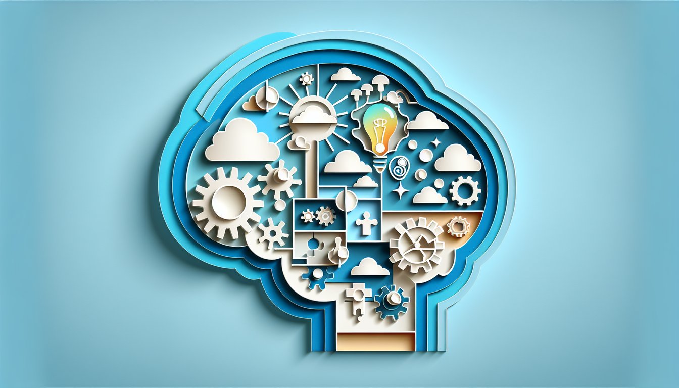 Paper art illustration for intelligence quiz with AP psychology questions on sky blue background.