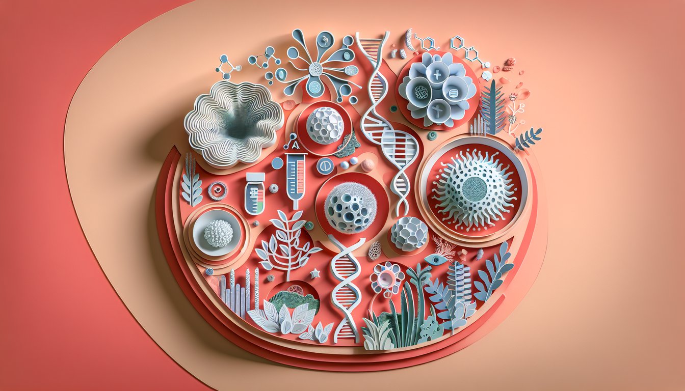 Paper art showing stylized cells dna helix leaf microscope on coral background for free biology trivia quiz