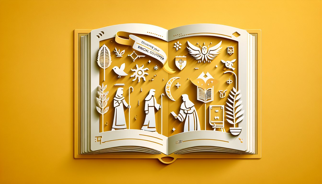 Paper art illustration for a biblical personality quiz on a golden yellow background