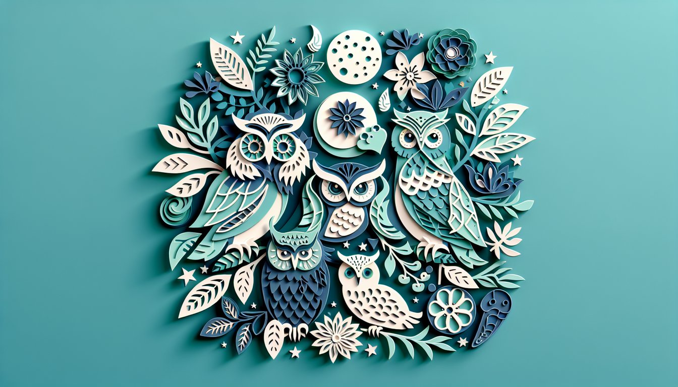Paper art illustration of four owls perched on branches, on a teal background for a personality quiz to find spirit guide