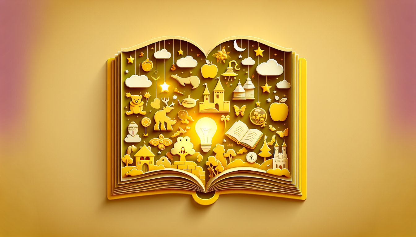 Paper art scene showing stack of childrens books with quiz question mark tag on golden yellow background