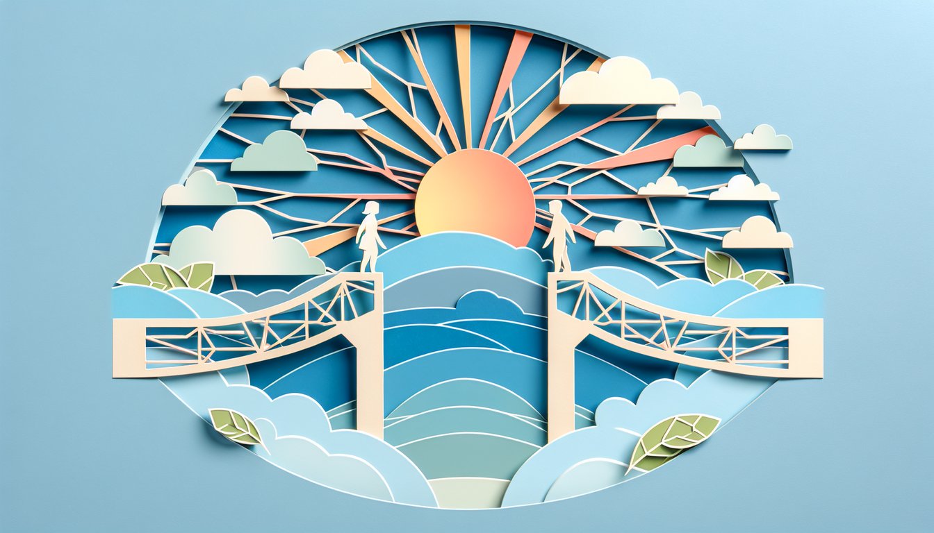 Paper art illustration for a friendship quiz on a sky blue background