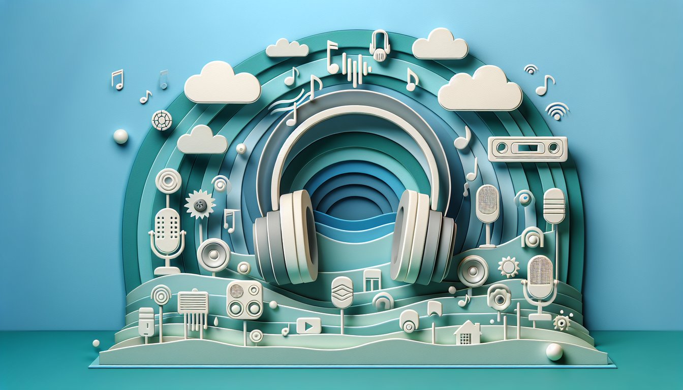 Paper art illustration for podcast discovery quiz on a teal background