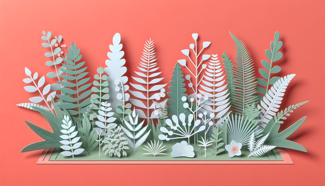 Paper art style showing stylized bryophytes ferns and quiz prompt on seedless nonvascular plants against coral background