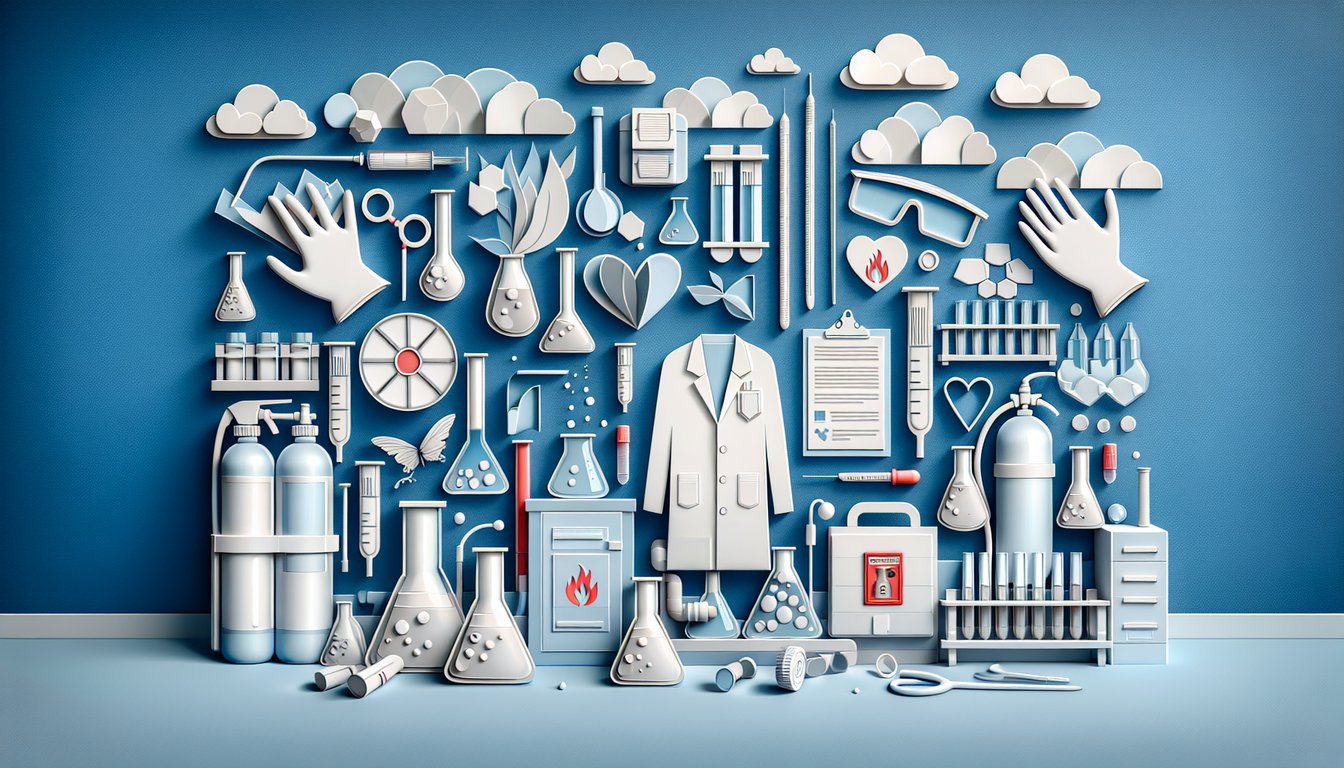 Paper art laboratory setup with beakers goggles gloves, clipboard and test tube icons on sky blue background for safety quiz
