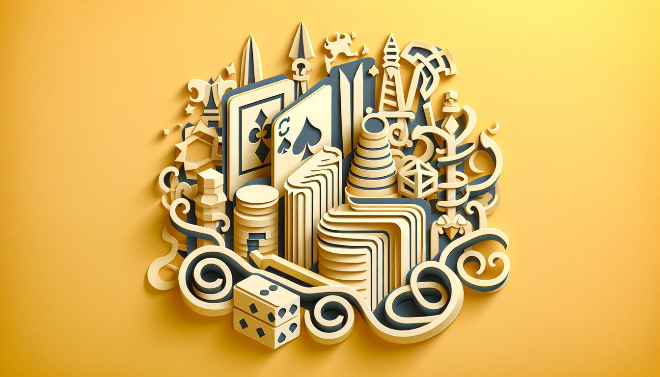 paper art illustration of duel academy entrance exam quiz elements books cards dueling symbols on golden yellow background