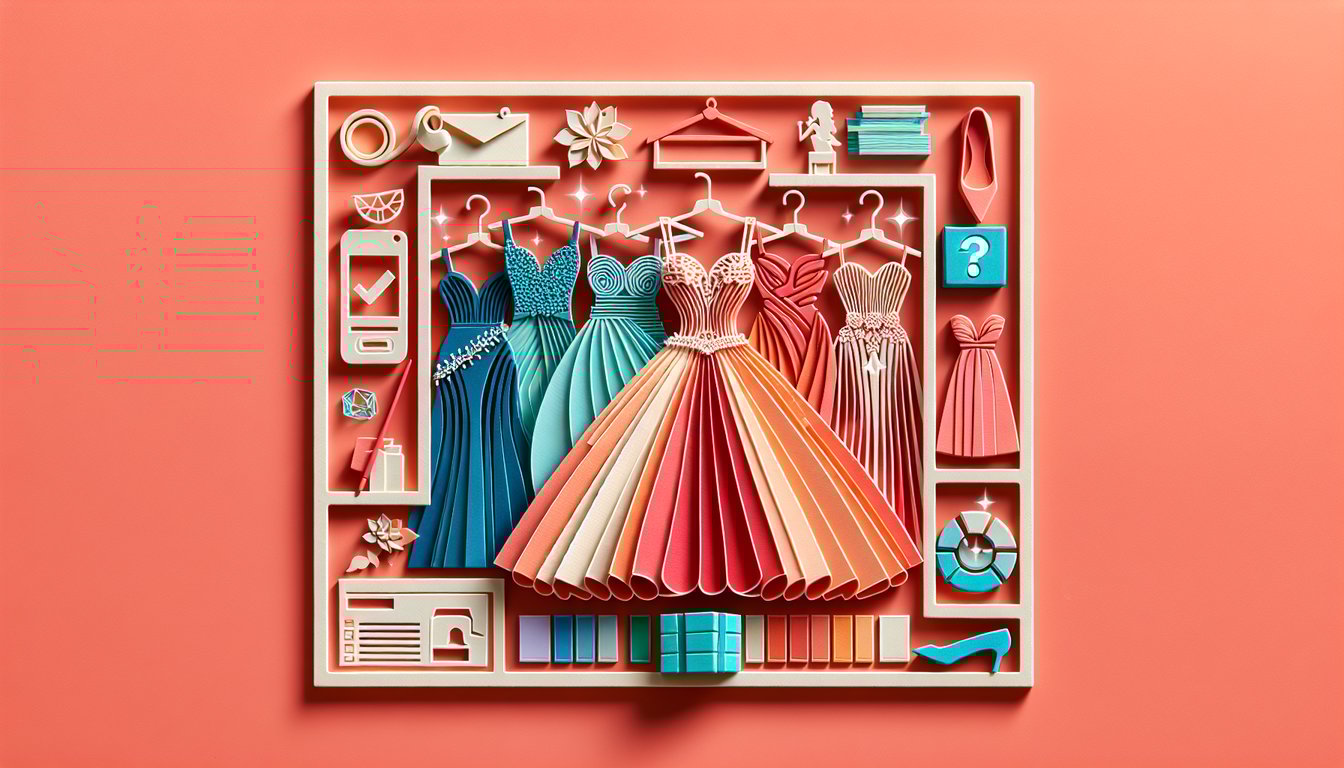 Paper art illustration of prom gowns and quiz questions inviting users to find perfect prom dress on a coral background
