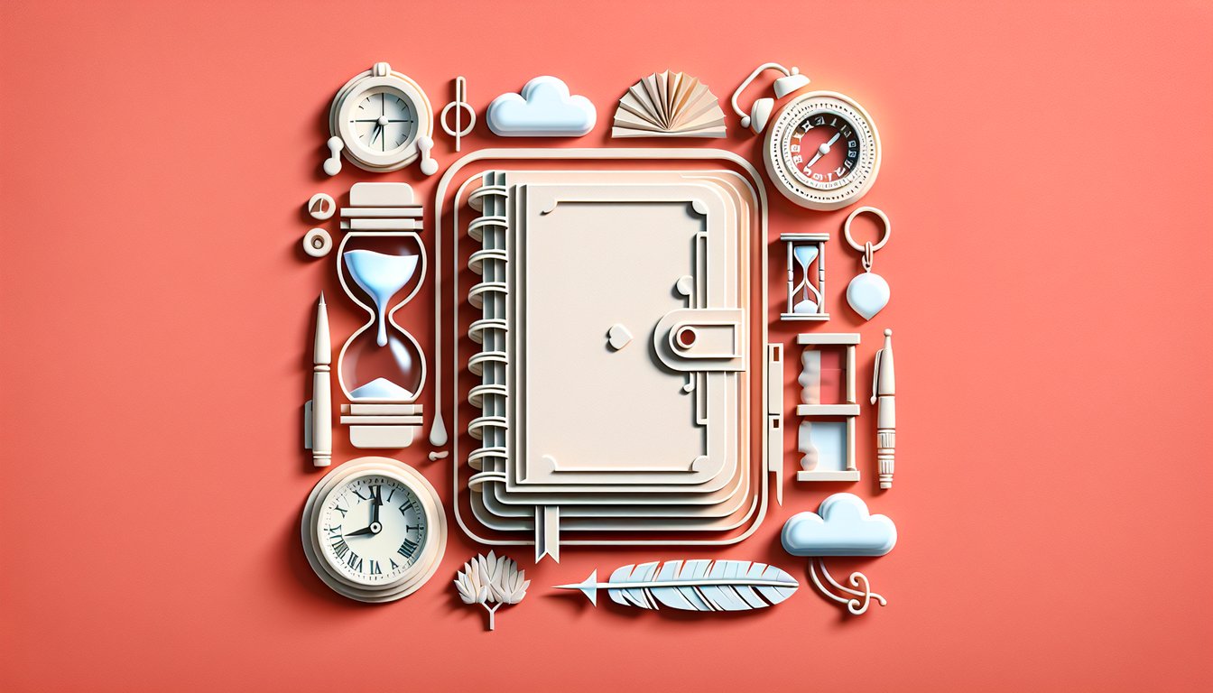 Paper art diary pages and pen on coral backdrop inviting users to take a future diary quiz predicting tomorrow