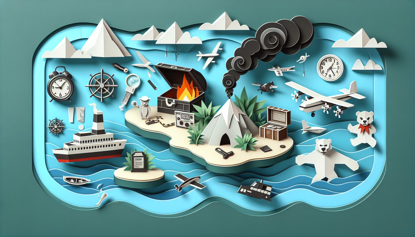 Paper art illustration for Lost TV show trivia quiz on a teal background