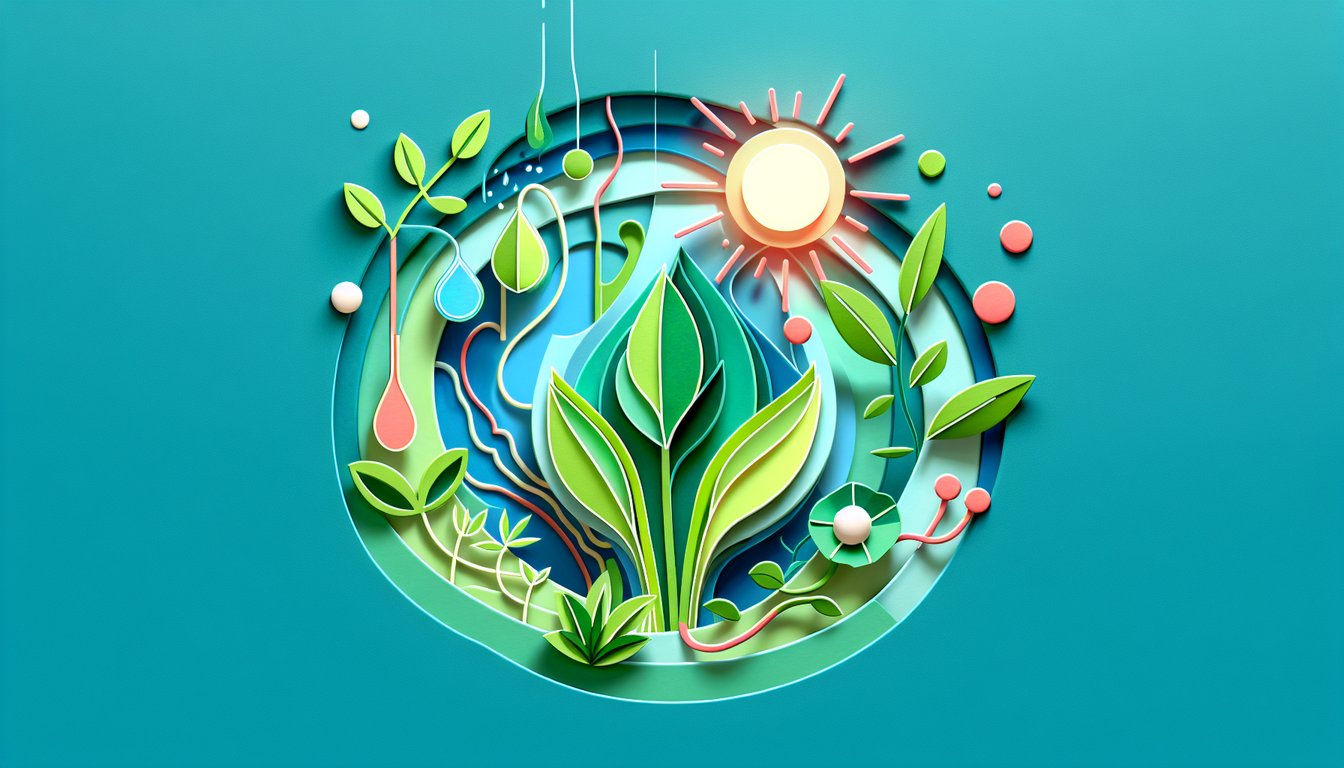Paper art illustration of green leaf and sun with quiz title on teal background
