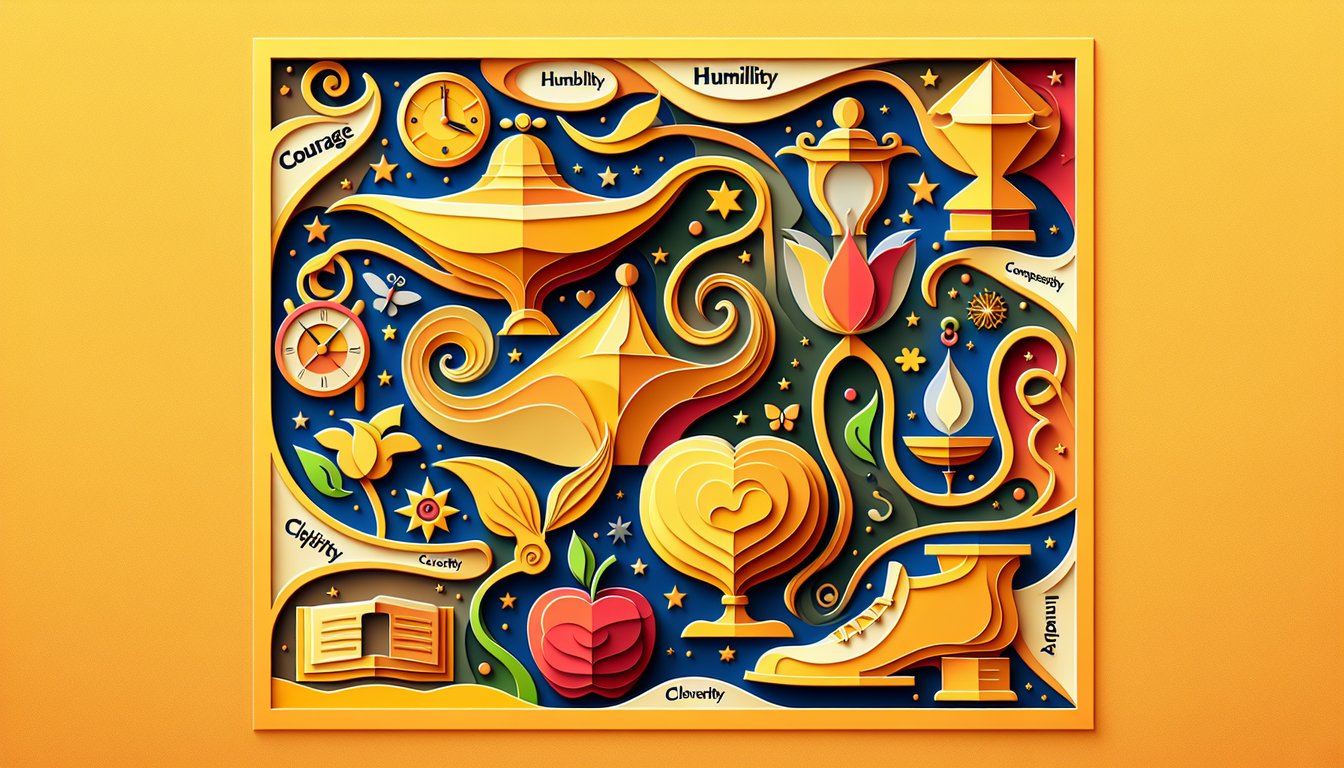 Paper art quiz illustration with classic Disney character silhouettes and playful elements on a golden yellow background.
