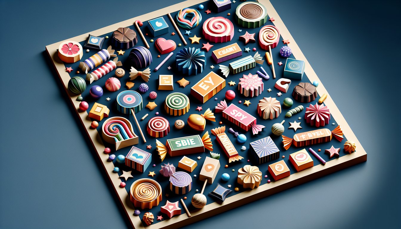 Paper art candy shapes and question marks on dark blue background with colorful confetti accents.