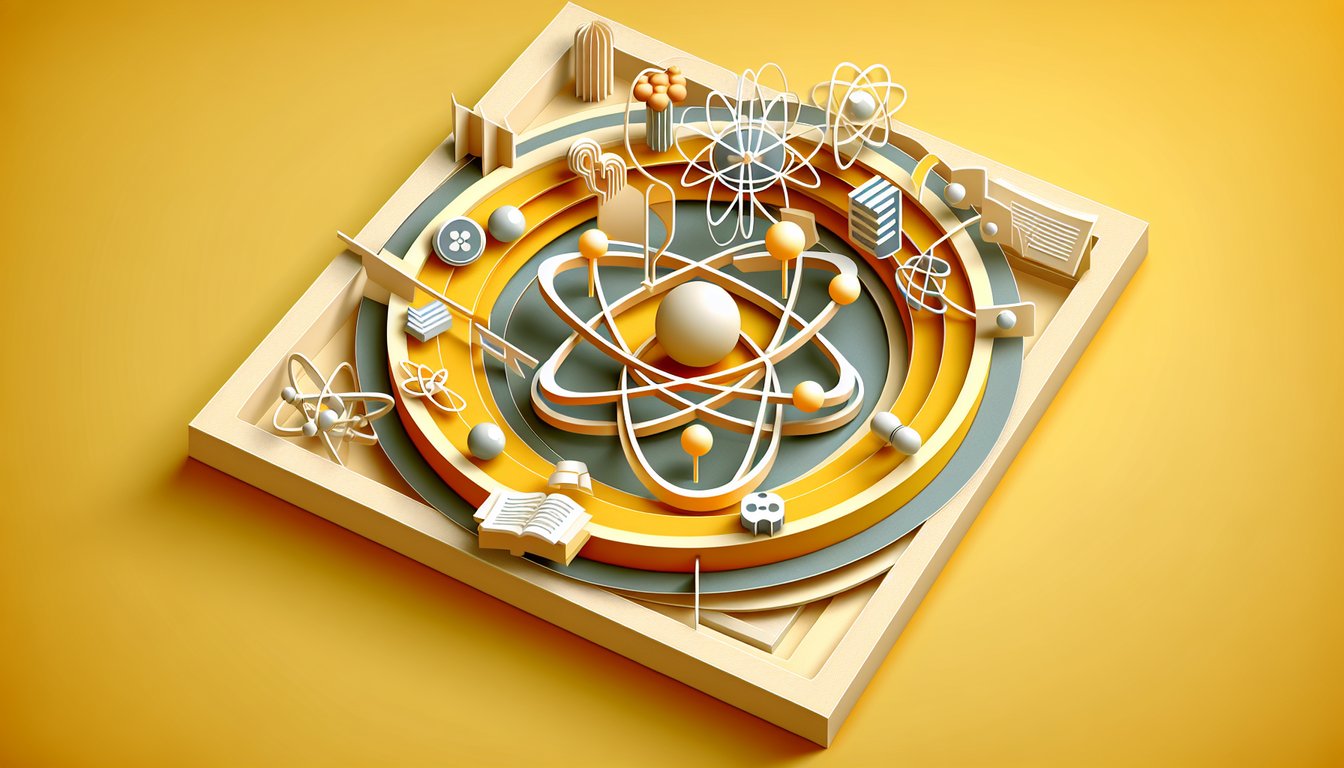 Paper art style depicting atomic energy fusion versus fission icons on golden yellow background.