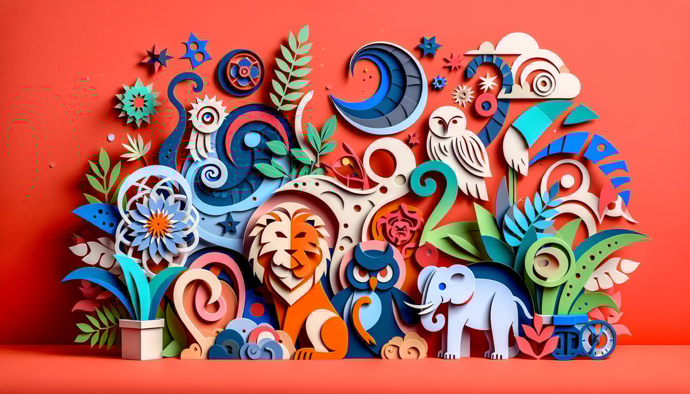 Paper art illustration for personality archetype quiz shows layered shapes and icons on coral background