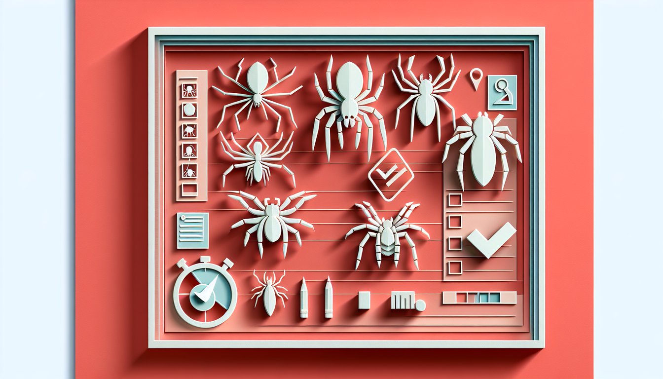 Paper cut style spider with web and quiz text on coral background, a fun challenge to discover your arachnid alter ego.