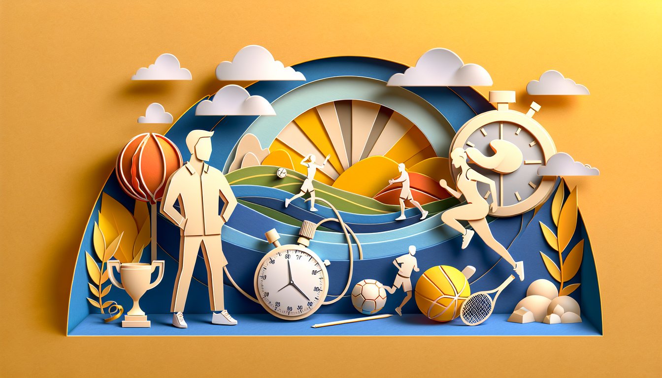 Paper art sports icons on golden yellow background with basketball whistle stopwatch jump rope clipboard for PE quiz